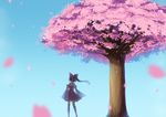  black_hair blue_sky blurry bow cherry_blossoms cloud cloudy_sky day depth_of_field detached_sleeves hair_bow hair_ribbon hakurei_reimu highres long_hair nature nontraditional_miko north_abyssor outdoors petals ribbon sketch sky solo thighhighs touhou tree white_legwear wind zettai_ryouiki 