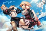  bare_shoulders black_footwear black_legwear blonde_hair blue_eyes blue_sky boots breasts brown_footwear chaos_code cloud condensation_trail copyright_name covered_nipples cthylla_(chaos_code) day dress elbow_gloves falling flying flying_sweatdrops full_body garter_straps gloves headgear highres jacket large_breasts leg_hug long_hair long_sleeves lupinus_(chaos_code) miniskirt mishima_rui multiple_girls open_mouth outdoors reaching sailex sharp_teeth short_hair sideboob silver_hair skirt sky sleeveless sleeveless_dress smile teeth thighhighs tonfa weapon 