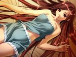  bed bed_sheet brown_hair dutch_angle game_cg ino izayoi_no_hanayome kiryuu_iyori long_hair lying navel on_back pajamas pointy_ears red_eyes solo very_long_hair 