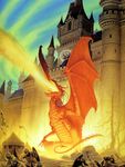  1990 ambiguous_gender anthro armor castle claws dragon feral fire flag fortress human illustration magic magic_user male mammal michael_whelan polearm scalie shield sky spear sword tent tree weapon wings 