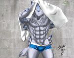  abs bandai buldge clothing digimon looking_at_viewer male muscles solo standing towel underwear weregarurumon 