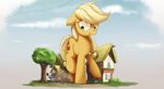  2015 blonde_hair cloud cowboy_hat cutie_mark duo equine female freckles friendship_is_magic giant green_eyes hair hat horse house macro mammal multicolored_hair my_little_pony ncmares outside pegasus pony ponyville rainbow_dash_(mlp) rainbow_hair scared sky wagon wings 