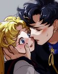  bangs bishoujo_senshi_sailor_moon black_hair blonde_hair blue_eyes blurry blush full-face_blush half-closed_eyes hand_on_another's_face imminent_kiss juuban_high_school_uniform long_hair mayo_(becky2006) multiple_girls open_mouth parted_bangs seiya_kou sweatdrop touching tsukino_usagi yuri 