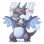  alasurth ambiguous_gender bow charizard chibi cute dragon fire mega_charizard mega_charizard_x mega_evolution nintendo open_mouth plain_background pok&eacute;mon red_eyes scar solo teeth tongue video_games 