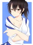  atari_(ariq323) black_eyes black_hair blue_background blush border breasts cleavage closed_mouth collarbone highres kaga_(kantai_collection) kantai_collection large_breasts looking_at_viewer off_shoulder short_sleeves side_ponytail simple_background solo undressing upper_body white_border 