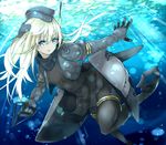  azure_luna black_dress black_legwear blonde_hair blue_eyes cropped_jacket dress garrison_cap hat kantai_collection long_hair long_sleeves military military_uniform open_mouth pantyhose puffy_long_sleeves puffy_sleeves solo thigh_strap u-511_(kantai_collection) underwater uniform water 