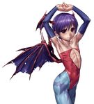  animal_print armpits arms_up bat_print bat_wings covered_navel covered_nipples cowboy_shot detached_sleeves flat_chest hands_together head_wings highres leotard lilith_aensland low_wings muscle nail_polish pantyhose print_legwear purple_hair red_eyes red_leotard ribs satou_toshiyuki short_hair simple_background solo vampire_(game) white_background wings 