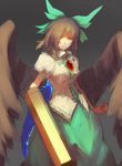  arm_cannon bad_id bad_twitter_id bird_wings black_hair bow cape colorized covering_one_eye feathered_wings gradient gradient_background hair_bow hair_ornament horizon_(sushi0126) long_hair looking_at_viewer puffy_sleeves red_eyes reiuji_utsuho shirt short_sleeves simple_background sketch skirt solo third_eye touhou weapon wings 