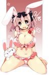  1girl :d animal_ears bikini black_bow blue_eyes blush blush_stickers bow breasts bunny bunny_ears cleavage collarbone frilled_bikini frills hair_bow hair_ribbon hibari_(senran_kagura) highres large_breasts looking_at_viewer navel ninto_(senran_kagura) open_mouth pink_hair ribbon senran_kagura senran_kagura_shoujo-tachi_no_shin'ei shirogane_(platinum) short_hair sitting smile solo_focus swimsuit symbol-shaped_pupils tareme two_side_up wariza 