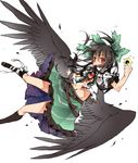  belt bird_wings black_hair black_wings bow energy_ball hair_bow highres leg_ribbon long_hair midriff multiple_belts navel open_clothes open_mouth open_shirt puffy_short_sleeves puffy_sleeves red_eyes reiuji_utsuho ribbon shirt short_sleeves skirt solo space tattoo third_eye touhou toutenkou upskirt very_long_hair wings 