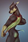  2015 anthro bottomless brown_fur butt canine clothed clothing doberman dog ears_back fur half-dressed littlefreckles looking_at_viewer looking_back male mammal raised_tail shirt solo tank_top 