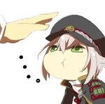  1boy :t armor blush green_eyes hat hotarumaru japanese_armor male_focus military military_uniform pout shoulder_armor silver_hair simple_background sode solo_focus touken_ranbu uniform white_background yuna_(muchipurin) 