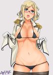  artist_name bikini black_legwear blonde_hair blush breasts cleavage collarbone dated def_(chronowarld) glasses gloves green_eyes kantai_collection katori_(kantai_collection) large_breasts long_sleeves looking_at_viewer micro_bikini military military_uniform navel open_clothes open_mouth open_shirt pantyhose shirt shirt_lift signature solo swimsuit thighs undressing uniform 