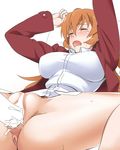  1girl anus blush bottomless breasts censored charlotte_e_yeager closed_eyes cum cum_in_pussy drooling hetero impossible_clothes impossible_shirt jacket large_breasts long_hair long_sleeves messy_hair military military_uniform orange_hair penis pillow pussy saliva sex shiny shiny_hair shirt solo_focus spread_legs strike_witches sweat tears uniform vaginal white_background world_witches_series youkan 