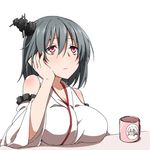  bags_under_eyes black_hair breasts cleavage cup hair_between_eyes hair_ornament kantai_collection large_breasts mug red_eyes shindou_akane shinsono_shiroko solo yamashiro_(kantai_collection) 