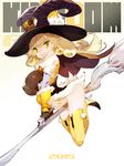  2015 blonde_hair breasts broom broom_riding curly_hair hat highres kinggainer large_breasts long_hair new_year no_panties solo thighhighs witch witch_hat yellow_eyes 