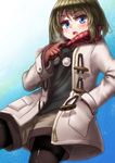  absurdres alternate_costume blue_eyes breath brown_hair from_below gloves hair_ornament hairclip hand_in_pocket highres ise_dango jacket kantai_collection maya_(kantai_collection) open_mouth pantyhose scarf shorts solo 