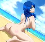  ass barefoot beach blue_eyes blue_hair breasts cloud day embarrassed eyelashes highres large_breasts long_hair looking_back luna_(my_little_pony) my_little_pony my_little_pony_friendship_is_magic nude outdoors parted_lips personification sitting sky solo wariza water zantyarz 