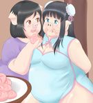  anthro arms_behind_back asian_clothes big_ears breasts chinese_clothing chinese_dress cleavage clothed clothing duo eating feeding female floppy_ears food forced lesbian mammal nervous obese open_mouth overweight pig porcine roina smile standing table tears teeth thick_thighs tongue 