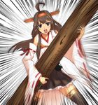  ahoge bare_shoulders boots brown_eyes brown_hair detached_sleeves headgear japanese_clothes kantai_collection kongou_(kantai_collection) log long_hair long_sleeves nontraditional_miko pleated_skirt shingo_(picturepuzzle) skirt solo thigh_boots thighhighs tree zettai_ryouiki 