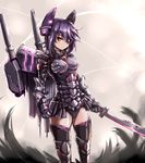  alternate_costume armor backpack bag black_legwear bodysuit cannon eyepatch gauntlets glowing hair_ornament kantai_collection solo sumapan sword tenryuu_(kantai_collection) thighhighs weapon 