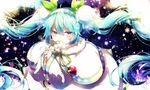 aka_tonbo_(lililil) aqua_hair blue_eyes capelet flower fur_trim hair_flower hair_ornament hands_clasped hatsune_miku holding holding_flower interlocked_fingers lily_of_the_valley long_hair own_hands_together ribbon snow_fairy_story_(vocaloid) snowflakes snowing solo twintails vocaloid yuki_miku 