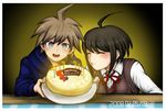  1girl ahoge birthday_cake blue_eyes blush brother_and_sister brown_hair cake danganronpa danganronpa_1 food happy_birthday hood hoodie imo_(kong) komatsuzaki_rui_(style) naegi_komaru naegi_makoto official_style photo_(object) school_uniform short_hair siblings smile sweater_vest translated zettai_zetsubou_shoujo 