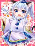  bell blue_eyes fang fish hat highres itsumizu japanese_clothes jingle_bell kariginu kemonomimi_mode mononobe_no_futo open_mouth paw_pose ponytail ribbon short_hair silver_hair skirt smile solo tate_eboshi touhou younger 