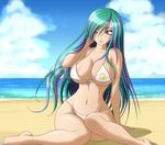  arm_behind_head arm_support barefoot beach blue_hair breasts celestia_(my_little_pony) cloud covered_nipples curvy day eyelashes green_hair groin highres large_breasts long_hair looking_away multicolored_hair my_little_pony my_little_pony_friendship_is_magic outdoors parted_lips personification purple_eyes purple_hair sitting sky smile solo thighs very_long_hair wariza water wide_hips zantyarz 