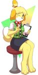  2014 animal_crossing black_nose blush canine female hair isabelle_(animal_crossing) mammal munks nintendo one_eye_closed pencil simple_background sitting solo stool video_games wink 