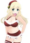  atago_(kantai_collection) bell beret blonde_hair breasts cleavage condom condom_in_mouth fur_trim green_eyes hat jingle_bell kantai_collection large_breasts lillithlauda long_hair miniskirt mouth_hold navel santa_costume skirt solo striped striped_legwear 