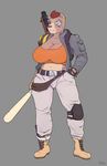  baseball_bat bear big_breasts boots breasts brown_fur chubby clothed clothing female fur gloves hair hear huge_breasts jacket mammal pieced_ear red_hair weapon 