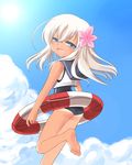  blonde_hair blue_eyes crop_top flower hair_flower hair_ornament kantai_collection lifebuoy long_hair ro-500_(kantai_collection) ryuuga_nanamaru sailor_collar school_swimsuit swimsuit swimsuit_under_clothes tan tanline 