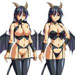  black_hair bra bra_removed breasts breath censored demon_girl garter_belt horns jiyuuyuu large_breasts long_hair multiple_views navel nipples original panties panty_pull pointy_ears pubic_hair red_eyes succubus tail thighhighs underwear underwear_only variations white_background wings 