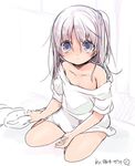  artist_name bare_shoulders blue_eyes blush collarbone commentary expressionless long_hair off_shoulder one_side_up original silver_hair sitting solo stuffed_animal stuffed_toy teddy_bear yuzuki_gao 