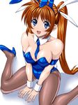  :d animal_ears bare_shoulders blue_eyes blue_neckwear brown_hair bunny_ears bunnysuit cuffs detached_collar from_above hair_ribbon high_heels long_hair lyrical_nanoha mahou_shoujo_lyrical_nanoha_strikers necktie open_mouth pantyhose ribbon sen_(sansui) short_necktie side_ponytail sitting smile solo takamachi_nanoha twintails white_background 
