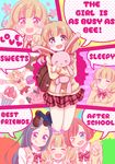  &gt;_&lt; 3girls :d :q ;d ^_^ ahoge bad_id bad_pixiv_id bangs blazer blue_legwear blush bow brown_footwear cardigan check_(check_book) closed_eyes cupcake double_v doughnut english engrish food fruit girl_sandwich hair_bow hair_ornament hairclip hand_on_another's_head hands_on_own_cheeks hands_on_own_face heart heart-shaped_pupils hug jacket jumping kneehighs licking_lips light_brown_hair macaron math multiple_girls one_eye_closed open_mouth original plaid plaid_skirt polka_dot polka_dot_background pon_de_ring purple_eyes ranguage saliva sandwiched school_uniform shoes skirt smile sparkling_eyes speech_bubble sprinkles strawberry stuffed_animal stuffed_bunny stuffed_toy sweater_vest sweets symbol-shaped_pupils tongue tongue_out twintails v xd 