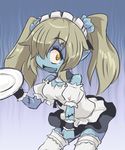  1girl apron bare_shoulders blonde_hair blue_skin disgaea fang hair_over_one_eye kururunpa maid maid_(disgaea) maid_uniform makai_senki_disgaea_5 plate pointy_ears thighhighs twintails yellow_eyes zombie 