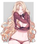  1girl areola_slip areolae blonde_hair breasts cameltoe cleavage cleavage_cutout eyes_closed granblue_fantasy groin hair_intakes happy koza_game large_breasts long_hair navel nipples open_mouth panties see-through self_hug simple_background solo torn_clothes torn_panties underboob underwear wavy_mouth zeta_(granblue_fantasy) 