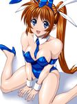  :d animal_ears bare_legs bare_shoulders blue_eyes blue_neckwear brown_hair bunny_ears bunnysuit cuffs detached_collar from_above hair_ribbon high_heels long_hair lyrical_nanoha mahou_shoujo_lyrical_nanoha_strikers necktie open_mouth ribbon sen_(sansui) short_necktie side_ponytail sitting smile solo takamachi_nanoha twintails white_background 