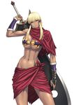  1girl abs bangs blonde_hair blue_eyes blunt_bangs breasts bursting_breasts cleavage dark_skin female large_breasts magaki_ryouta midriff mound_of_venus navel solo standing tan toned weapon 