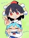  2girls black_hair black_ribbon blue_dress blue_hair bow carrying cirno collared_shirt dress eyes_closed hair_bow hat holding_person ice ice_wings long_sleeves moyazou_(kitaguni_moyashi_seizoujo) multiple_girls pom_pom_(clothes) red_eyes ribbon shameimaru_aya shirt short_hair short_sleeves smile stretch stretching_cheeks teeth tokin_hat touhou v white_shirt wings 