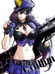  bad_id bad_twitter_id belt blue_eyes breasts caitlyn_(league_of_legends) cleavage fingerless_gloves gloves gun large_breasts league_of_legends long_hair midriff navel officer_caitlyn police police_uniform rifle skirt solo sunglasses uniform weapon 