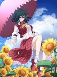  ascot blue_sky breasts cloud day field flower flower_field green_hair highres kazami_yuuka large_breasts long_sleeves md5_mismatch open_clothes open_vest parasol petals red_eyes rihito_(usazukin) shirt skirt sky solo sunflower touhou umbrella vest 