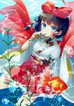  black_hair blue_eyes blush bow fish goldfish hair_bow hair_tubes japanese_clothes kimono looking_at_viewer nekosugi_(hoshi) original short_hair short_kimono solo underwater 