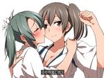  blush breasts hair_ribbon japanese_clothes kaga_(kantai_collection) kantai_collection large_breasts long_hair multiple_girls ribbon shinsono_shiroko side_ponytail translated twintails yuri zuikaku_(kantai_collection) 