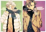  breath brown_eyes brown_hair coat cross cross_necklace double-breasted eyepatch fate/stay_night fate/zero fate_(series) jewelry kotomine_kirei male_focus matou_kariya multiple_boys necklace nishi_juuji scar scarf unmoving_pattern white_hair winter_clothes 