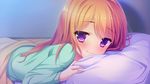  1girl bed blush brown_hair game_cg highres mango_purin nakaoka_chimachi pajamas purple_eyes solo zannen_na_oretachi_no_seishun_jijou. 