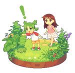  2girls ayase_ena brown_eyes brown_hair dav-19 flower frills frog grass green_eyes green_hair koiwai_yotsuba long_hair lowres multiple_girls pixel_art plant quad_tails shirt shorts t-shirt transparent_background yotsubato! 