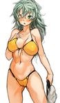  bikini blush breasts cameltoe cleavage collarbone covered_nipples cowboy_shot green_eyes green_hair hand_on_own_chest hat hat_removed headwear_removed heterochromia holding holding_hat kantai_collection kiso_(kantai_collection) large_breasts long_hair midriff navel no_eyepatch open_mouth sachito sailor_hat scar scar_across_eye simple_background slit_pupils solo swimsuit white_background yellow_bikini yellow_eyes 